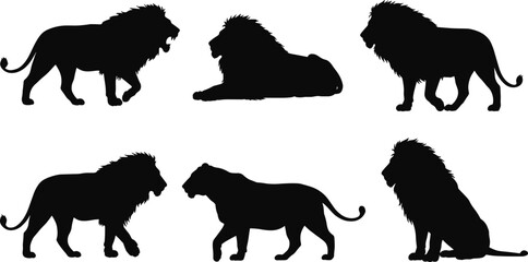 Collection of black lion silhouettes in different poses including walking, sitting, and lying down, isolated vector illustration on white background