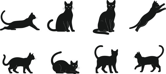 Collection of black cat silhouette vector illustrations showing sitting, walking, running, jumping, and playful feline poses for creative design