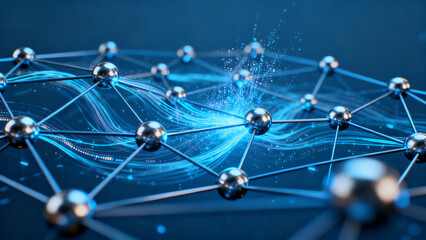 Abstract network of interconnected nodes with glowing blue energy flows on a dark background