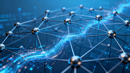 Abstract network of interconnected nodes with glowing blue data streams on a digital background