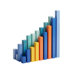 Colorful 3D bar graph showing upward trend and growth with different shades of blue, green, yellow, and orange