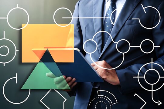 Businessman holding tablet, modern geometric design overlay, strategic planning concept, professional corporate mood, serious expression, connection and innovation theme, clean and minimalist style