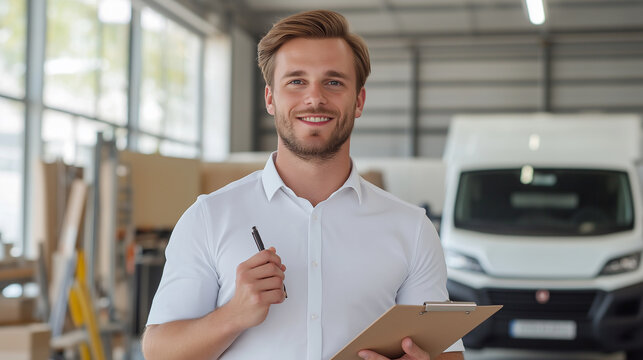 Smiling professional man holding a clipboard in a warehouse with logistics and business elements