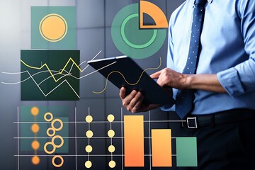 Businessman Analyzing Data on Tablet: Modern Corporate Finance, Statistics, and Growth Charts; Professional, Minimalist Style; Serene, Confident Mood.