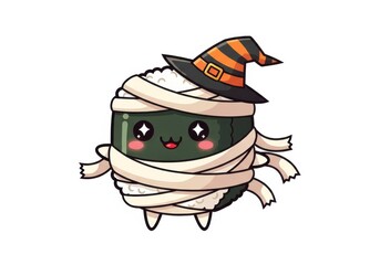 Cute sushi roll mummy character wearing a Halloween witch hat image