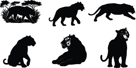Collection of black panther silhouettes in jungle scene and various poses including sitting, walking, lying, and roaring vector illustration