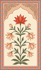 Traditional Mughal flower motif. India wall decor flower Painting. Mughal wall paintings, botanical floral ethnic motif
