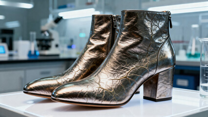 Metallic ankle boots with cracked texture displayed on a lab table in a scientific setting