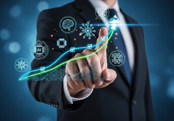 A close-up of a businessman’s hand in a suit pointing forward, futuristic glowing progress line graph with checkmarks and mountain peak icon