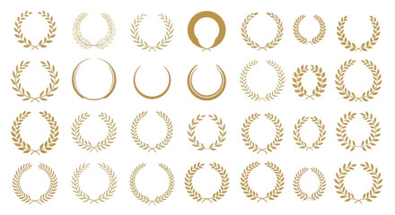 A collection of golden laurel wreaths and circular frames, symbolizing victory and achievement.
