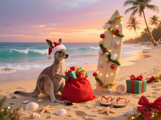 Christmas kangaroo with Santa hat on tropical beach beside surfboard decorated with seashells and ornaments