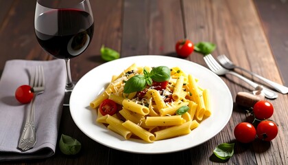 Pasta dish on wooden table with wine, tomatoes, basil, & silverware for dining