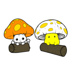 hand drawn cute mushroom friends on log line art vector