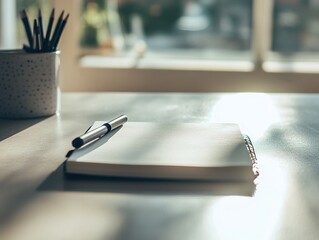 A minimalist workspace, with an open notebook and a pen placed precisely on the vast surface of a large, empty wooden desk, while soft morning light streams in through the nearby window.