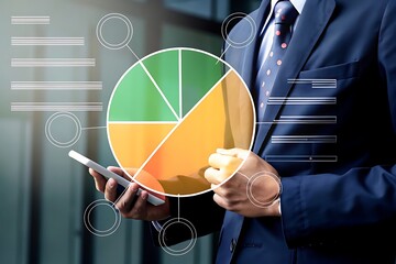 Businessman reviewing financial data on smartphone; modern pie chart graphic overlay; serious, confident mood; corporate success concept; professional attire; clean, minimalist style; strategic