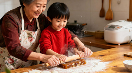 Grandmother and Child Making Festive Pastry for Chinese New Year