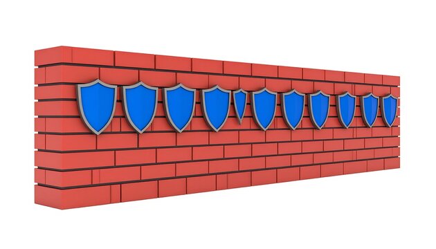 Red brick wall with multiple blue shields