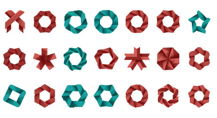 Collection of origami shapes arranged on a white surface showcases intricate paper folding techniques and geometric patterns, creating a visually appealing and artistic composition.