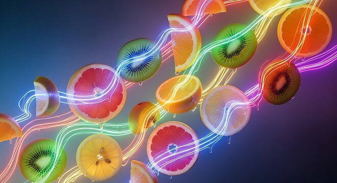 Vibrant Citrus Fruit Slices with Neon Glow Trails on a Gradient Background