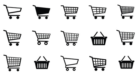 Various shopping carts and baskets arranged in rows against a white backdrop representing retail and consumerism, conveying a sense of choice and purchase.