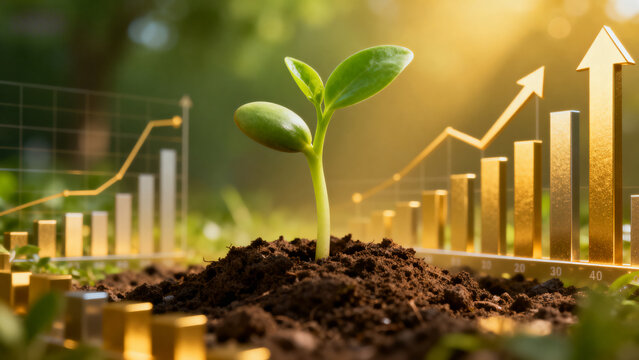 A young plant growing from soil with a golden bar graph showing upward growth in the background, symbolizing sustainable development and economic progress.