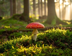 Forest mushroom in morning light