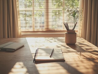 A minimalist workspace, with an open notebook and a pen placed precisely on the vast surface of a large, empty wooden desk, while soft morning light streams in through the nearby window.