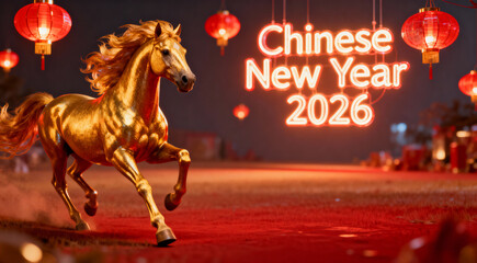 Festive Chinese New Year 2026 Greeting with Golden Horse