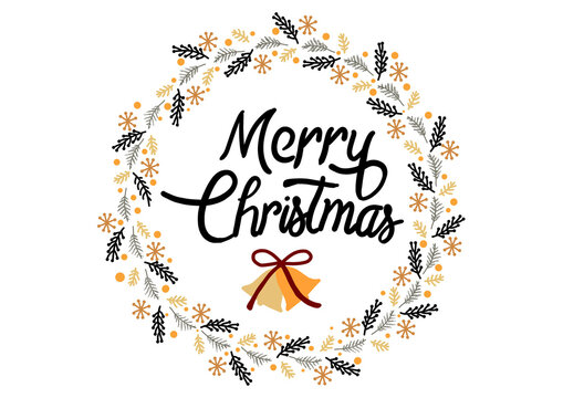 Minimalist holiday wreath featuring gold and black foliage and stars, surrounding "Merry Christmas" script and gold bells. Hand-drawn doodle style frame for greeting cards, winter design or posters