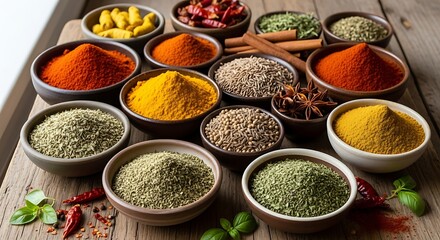 Fototapeta premium Assortment of Vibrant Spices and Herbs in Bowls on Wooden Surface, Cinnamon Sticks