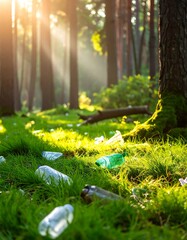 Forest littered with plastic bottles
