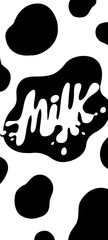 cow texture print. black and white background. trendy and fresh milk packaging design with cow texture print