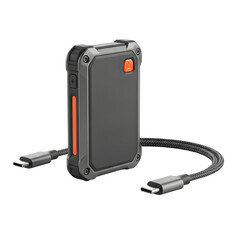 Rugged Portable Power Bank with Orange Accents and USB- C Cables on a Dark Background