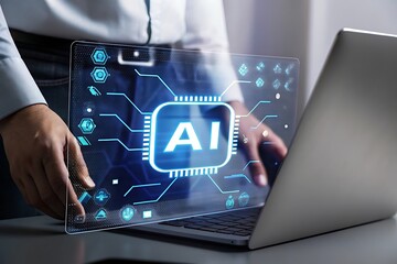 Man interacts with futuristic AI interface projected from laptop;  modern technology, digital innovation,  cybersecurity concept;  clean, professional,  blue glowing holographic display;  innovative b