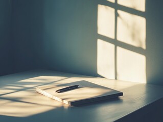 A minimalist workspace, with an open notebook and a pen placed precisely on the vast surface of a large, empty wooden desk, while soft morning light streams in through the nearby window.