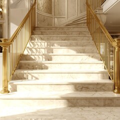 Luxury staircase design featuring cream marble tiles golden railings and artistic wall decor creating timeless elegant sophisticated architectural environment