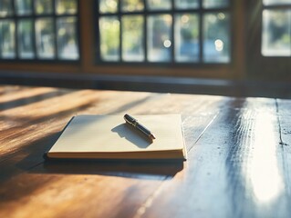 A minimalist workspace, with an open notebook and a pen placed precisely on the vast surface of a large, empty wooden desk, while soft morning light streams in through the nearby window.