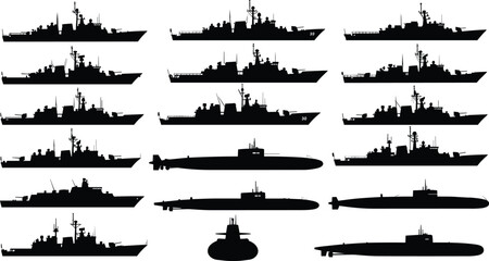 Naval vessel silhouette set, warships and submarines vector icons, black maritime illustration, military ship profiles, ocean defense design elements
