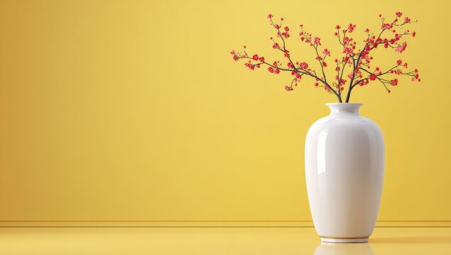 Elegant white vase with vibrant red blossoms, positioned against a bright mustard yellow backdrop, creating a serene and stylish interior scene.