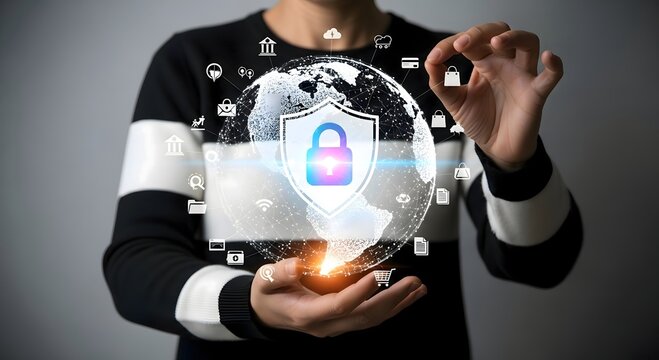 Person holding a digital globe with a security shield and padlock icon surrounded by other icons