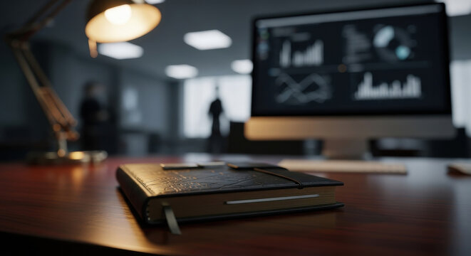 Office Desk with Computer, Lamp, and Notebook