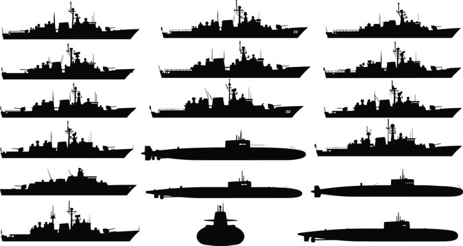 Naval vessel silhouette set, warships and submarines vector icons, black maritime illustration, military ship profiles, ocean defense design elements - Powered by Adobe