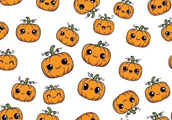 Seamless pattern of cute cartoon orange pumpkins with various happy faces halloween autumn