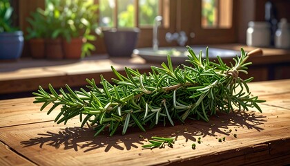 Fresh rosemary sprig on rustic wooden table