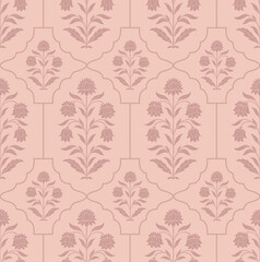 Mughal textile pattern with stylized pink flowers. Vintage flower pattern with ornamental blooms in pink and green tones. © Design 35