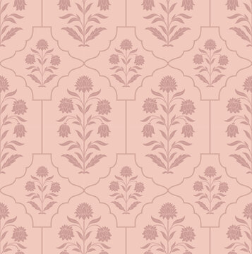 Mughal textile pattern with stylized pink flowers. Vintage flower pattern with ornamental blooms in pink and green tones.