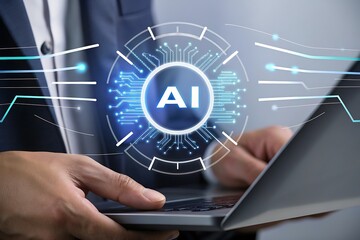 Businessman using laptop, futuristic AI interface, digital technology concept, modern corporate innovation, glowing circuit board design, professional, clean, sleek, and sophisticated mood