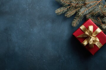 Christmas and New Year blue background with decoration. Table top view. Christmas tree branches, Red gift box with a golden ribbon, stars, and balls. Copy space for text on the side. Flat lay mock-up