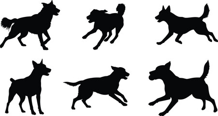 Set of dog silhouette vector illustrations featuring playful, running, standing, and active pet poses for animal design projects