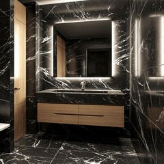 Modern bathroom vanity area with dark marble tiles wooden cabinetry and ambient lighting highlighting stylish sophisticated interior design